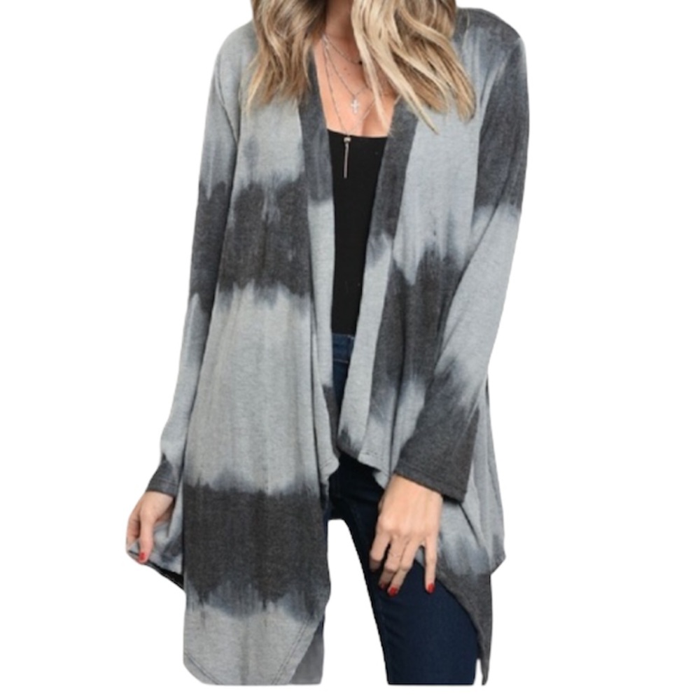 Charcoal Dark Gray Tie Dye Knit Long Oversized Open Draped Cardigan Cozy Sweater